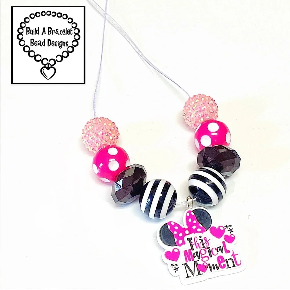 Handmade Minnie Mouse Ears Necklace “This Magical Moment” Disney Inspired Pink
